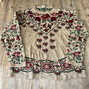 Vintage Knit Sweater Women's Large Tan Red Floral Unique 90s